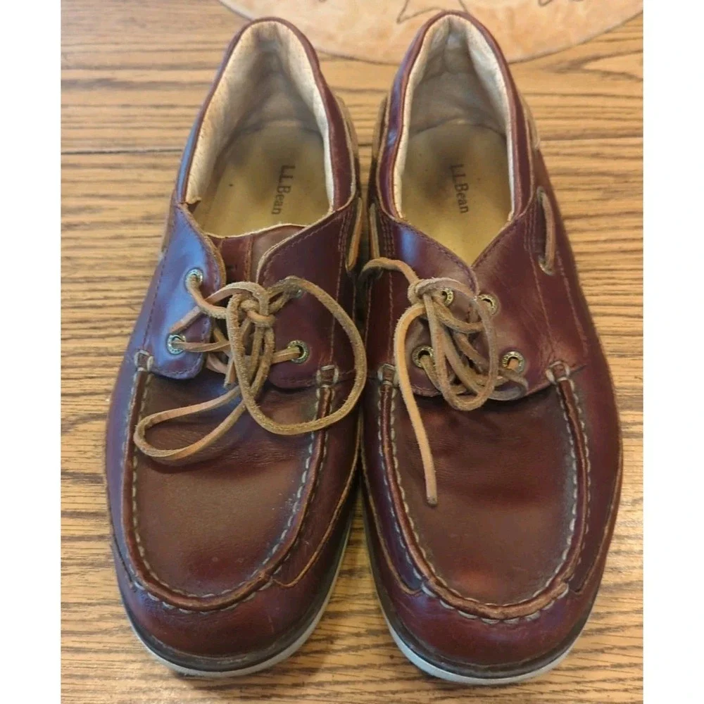 L.L. Bean Leather Brown Moccasin Boat Shoes‎ Size 9 M Lace Up Loafers